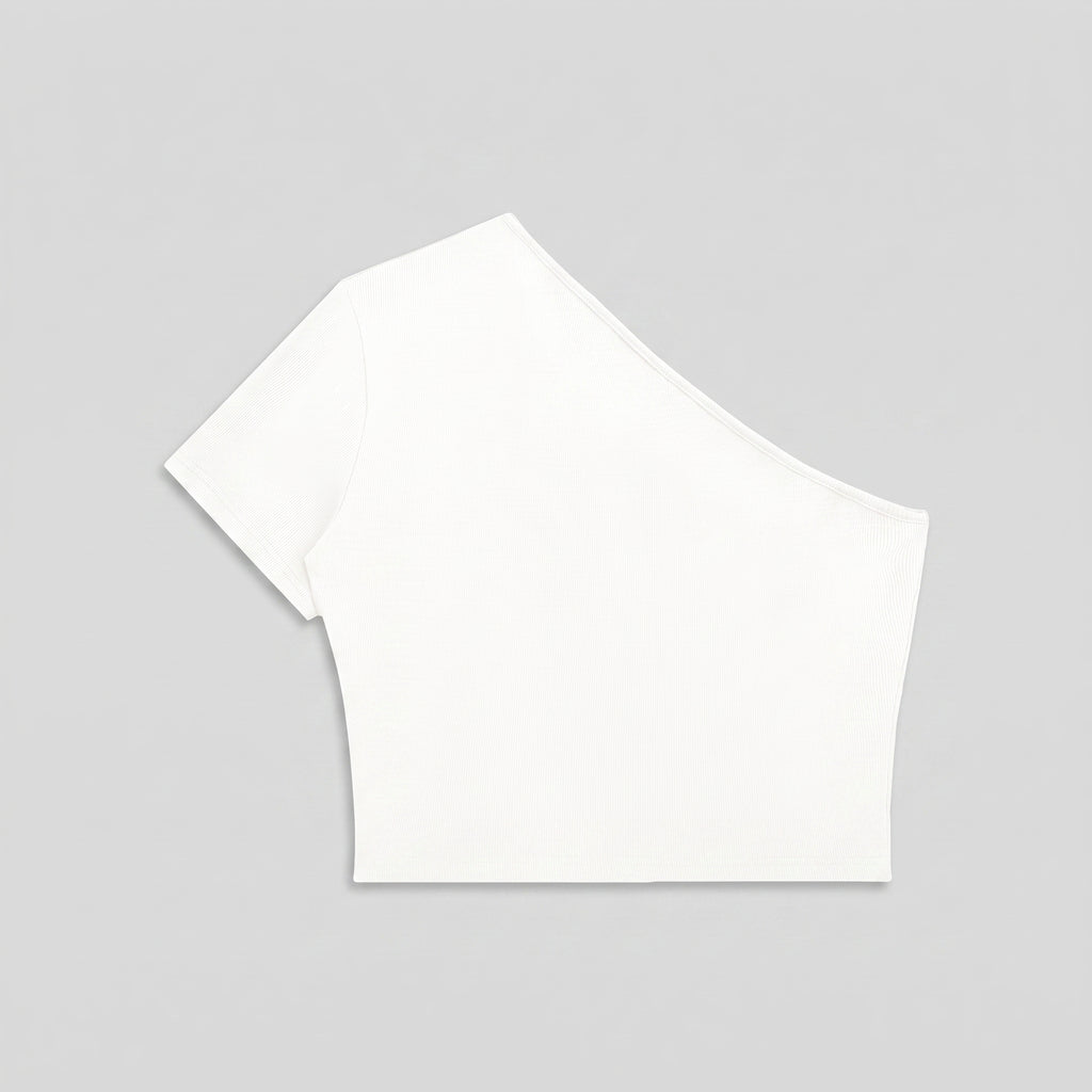 Phaze Wrld One-Shoulder Outline Crop Tee — White