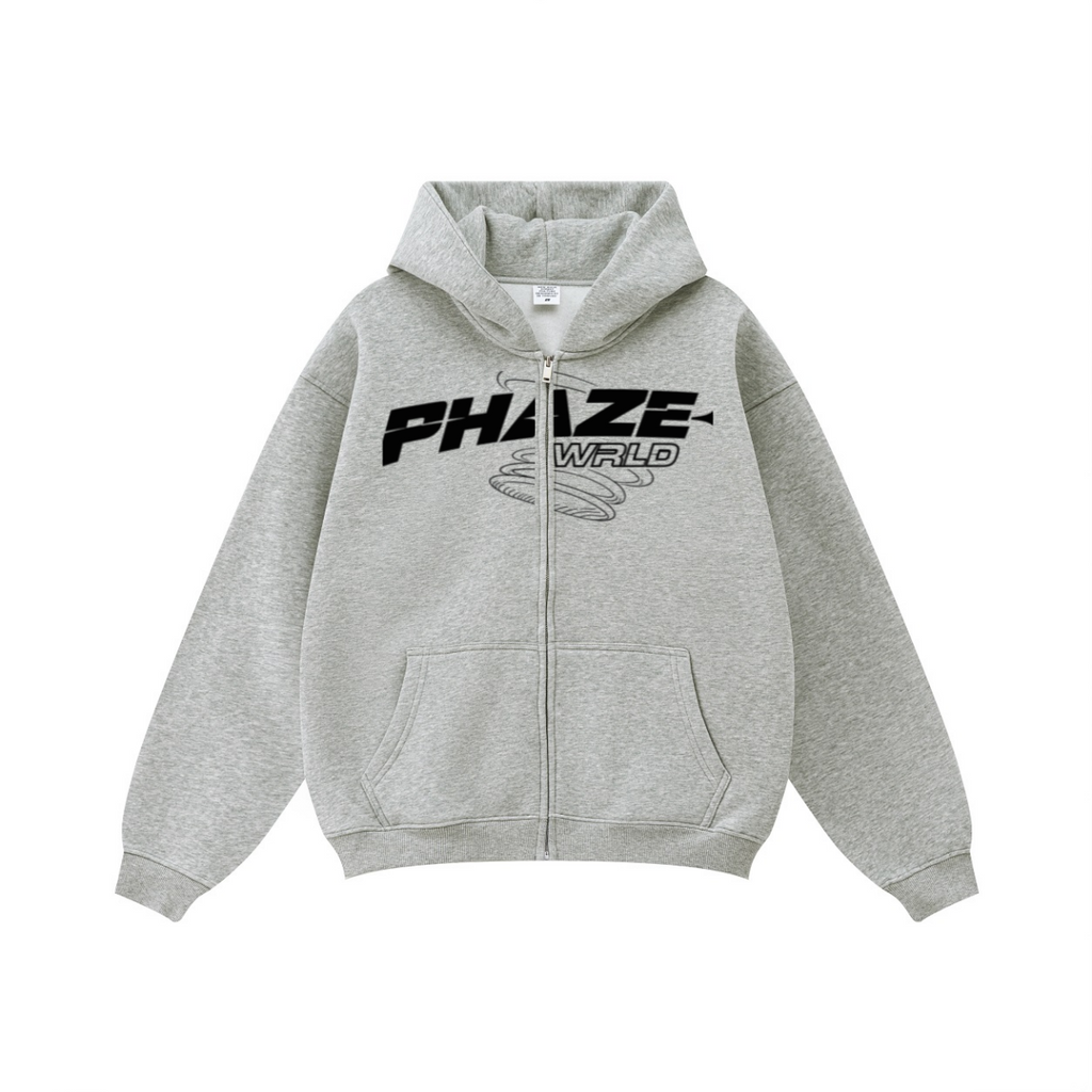 Oversized heather grey zip-up hoodie featuring a bold black Y2K PHAZE WRLD graphic, dropped shoulders, and a boxy streetwear fit.