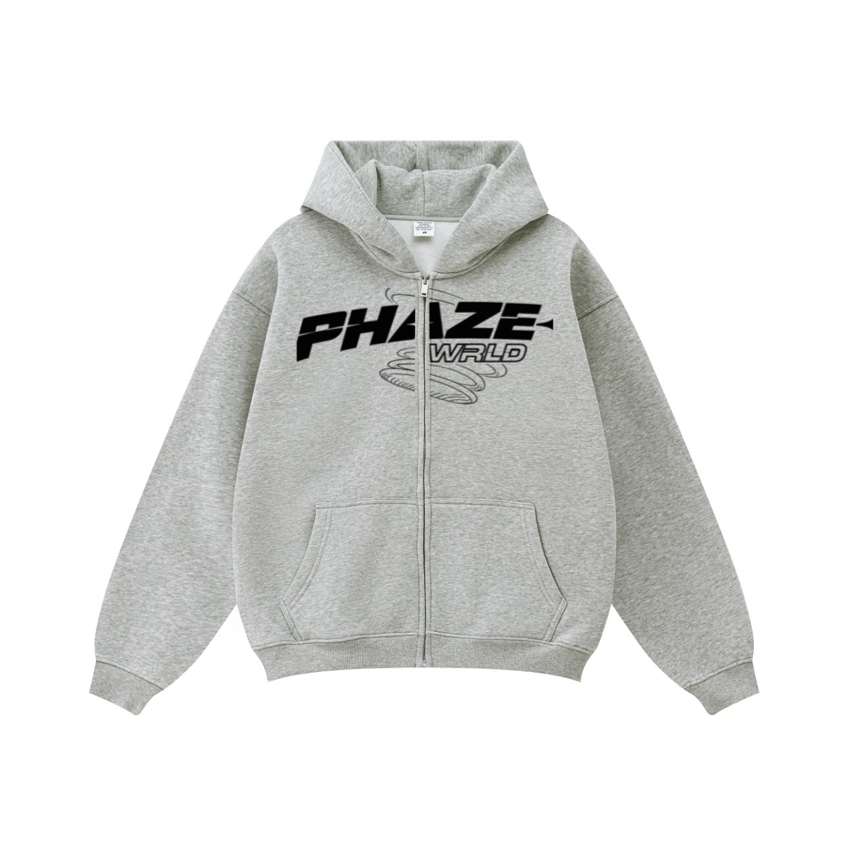 Oversized heather grey zip-up hoodie featuring a bold black Y2K PHAZE WRLD graphic, dropped shoulders, and a boxy streetwear fit.